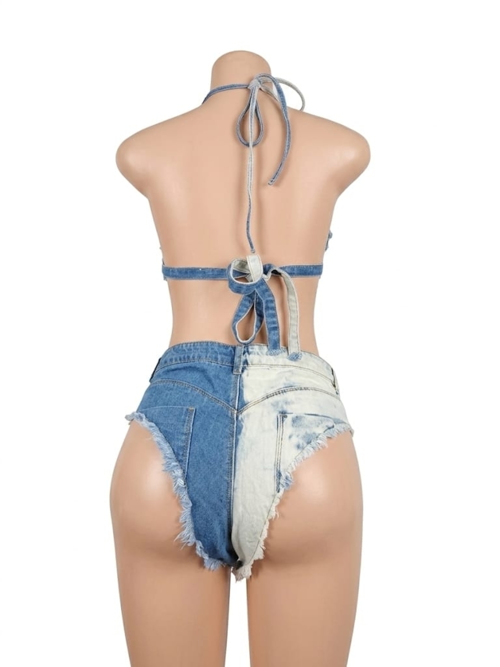 Two-Tone Distressed Denim Bikini Set - Picture 2 of 2